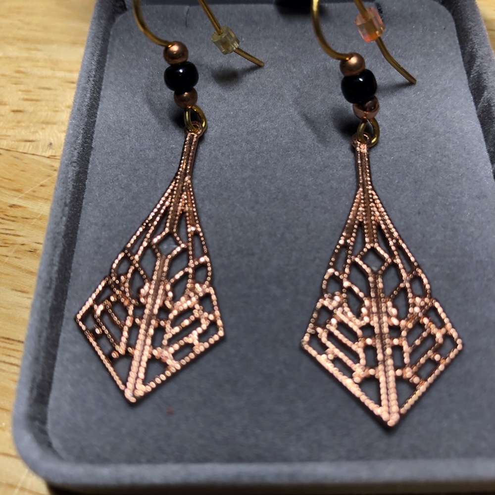 Black Onyx and Rose Tone Delicate Dangle Earrings, So Elegant and Fashionable!